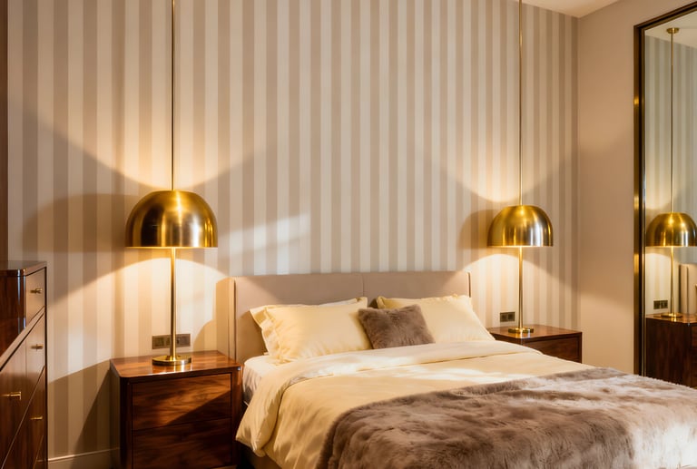 Modern bedroom with gold dome pendant lights, striped wallpaper, and a cozy bed with plush pillows.
