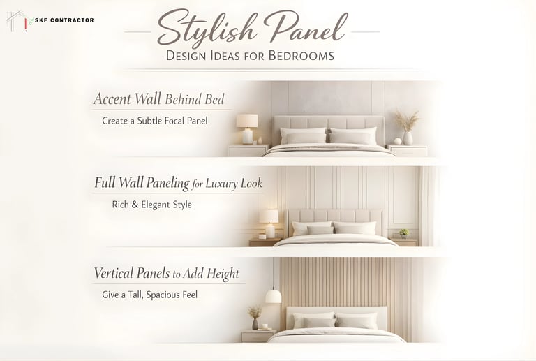 Three stylish bedroom wall paneling design ideas featuring modern accent walls behind beds.