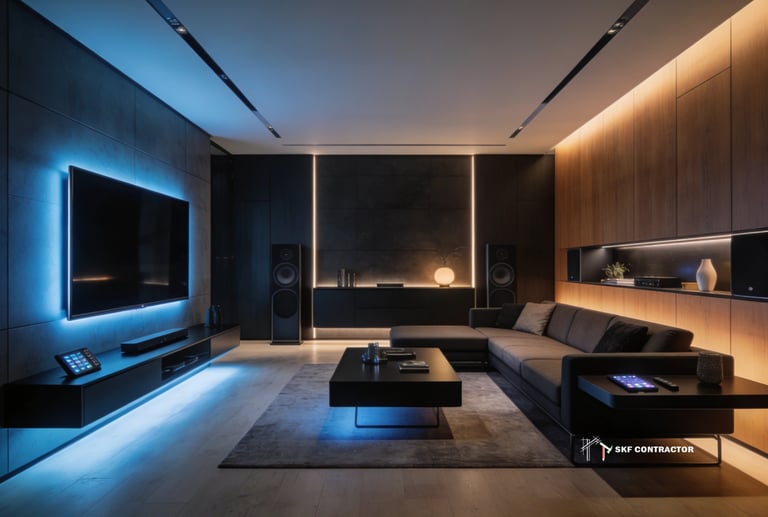 Modern luxury home theater with ambient blue and warm LED lighting, featuring a large screen and sleek sectional sofa.