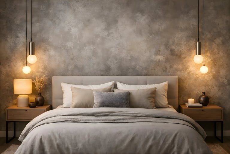 Modern minimal bedroom with a grey textured wall, pendant globe lights, and wooden nightstands.