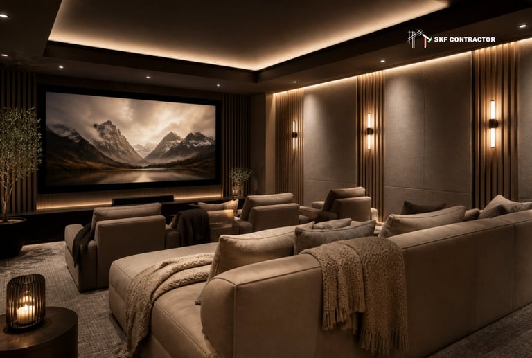 Luxury home theater with plush seating, wood slat wall panels, and warm ambient lighting.