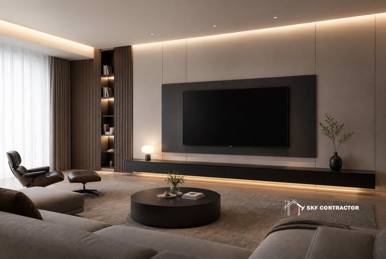 Modern living room interior with a wall-mounted TV, wood slat accents, and warm ambient cove lighting.