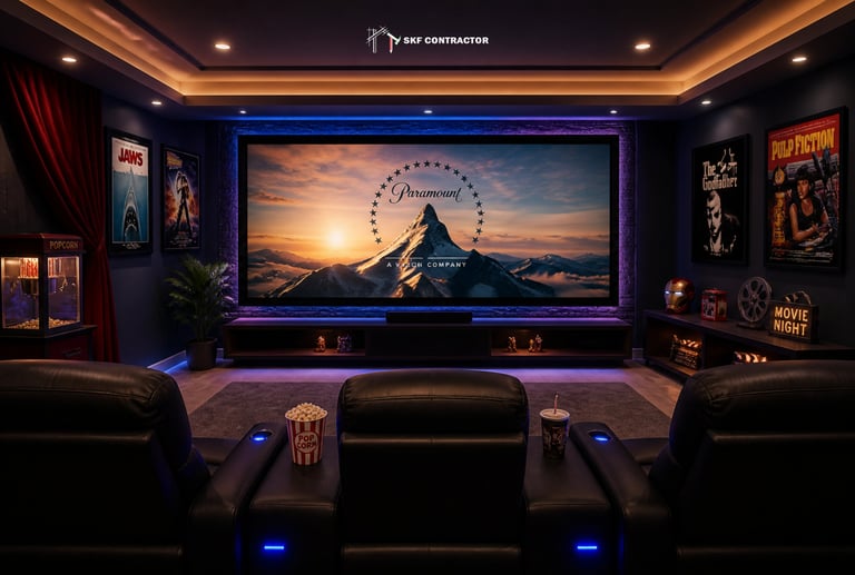 Luxury home theater room with leather recliner seats, a large cinema screen, and ambient LED lighting.