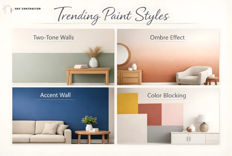 Trending interior paint styles including two-tone walls, ombre effect, accent wall, and color blocking.
