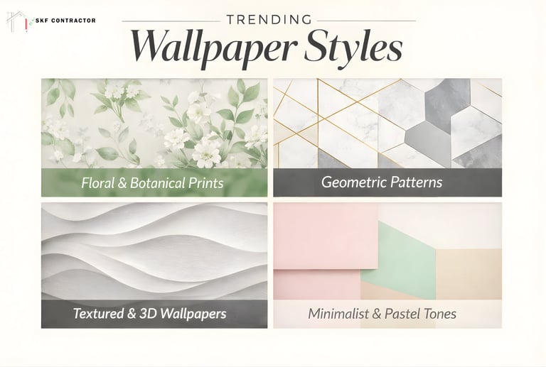 Trending wallpaper styles including floral botanical prints, geometric patterns, textured 3D designs, and minimalist pastels.