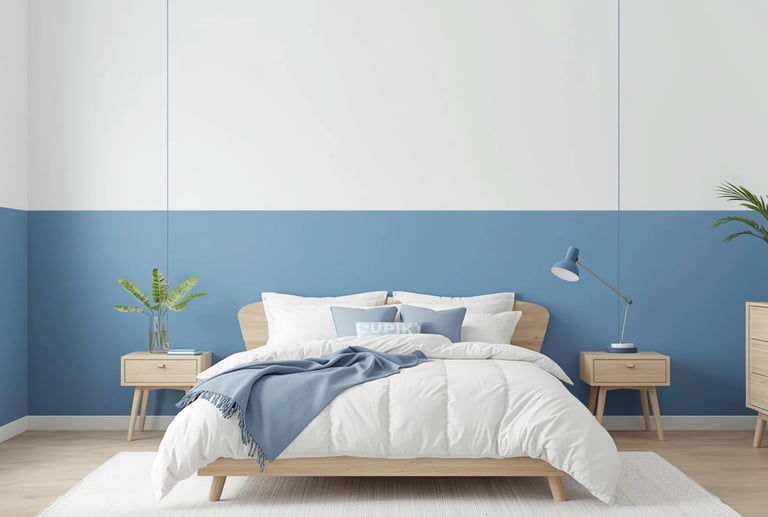 Modern bedroom with blue and white walls, featuring a wooden bed frame and white bedding.