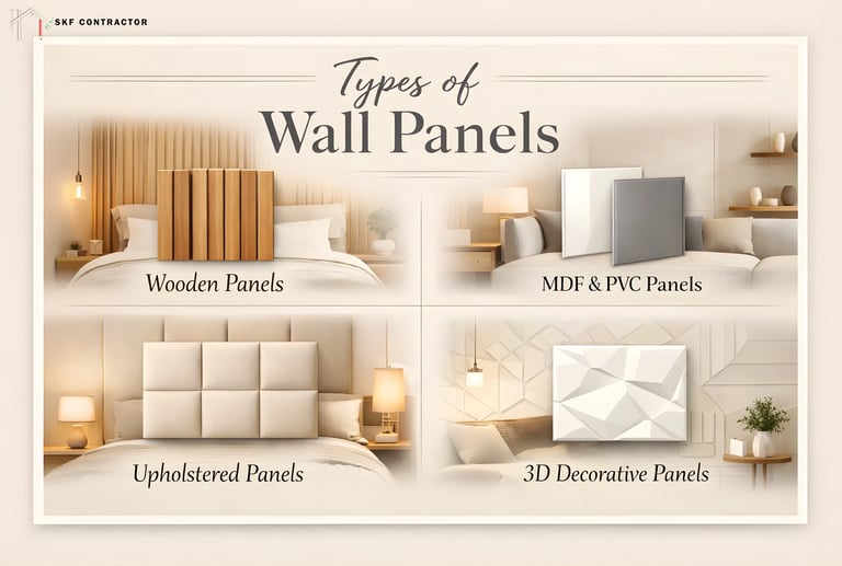 Comparison of different types of wall panels for bedroom interiors including wooden, MDF, PVC, upholstered, and 3D