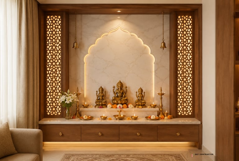 Modern Hindu prayer room with wooden jali panels, marble backdrop, and golden deity statues for home mandir design.