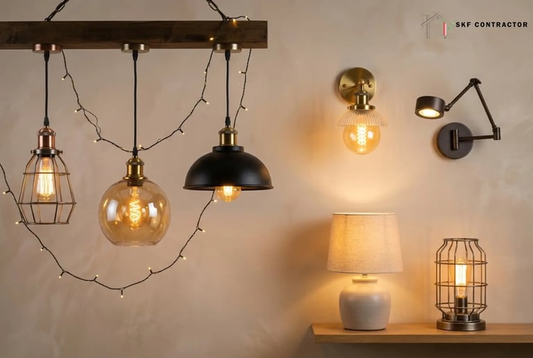 Modern interior lighting display featuring industrial pendant lights, wall sconces, and a decorative table lamp.