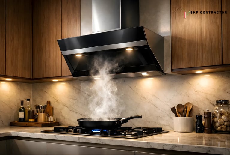 Modern black glass range hood extracting steam from a frying pan on a gas stove in a luxury kitchen.