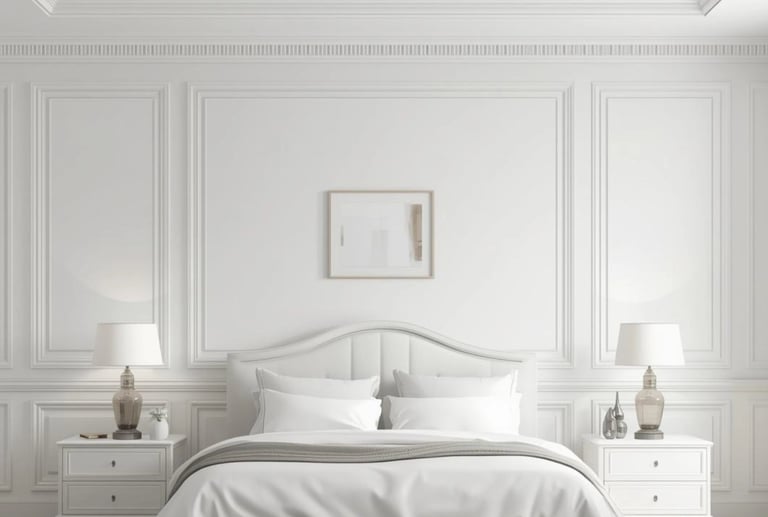 Elegant white master bedroom featuring classic wall molding, luxury bedding, and symmetrical bedside lamps.