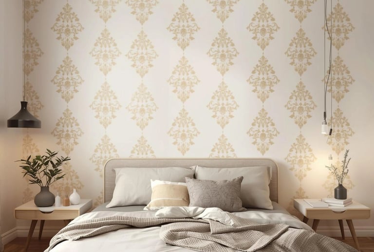 Elegant bedroom with beige damask wallpaper behind a modern bed with neutral bedding and nightstands.