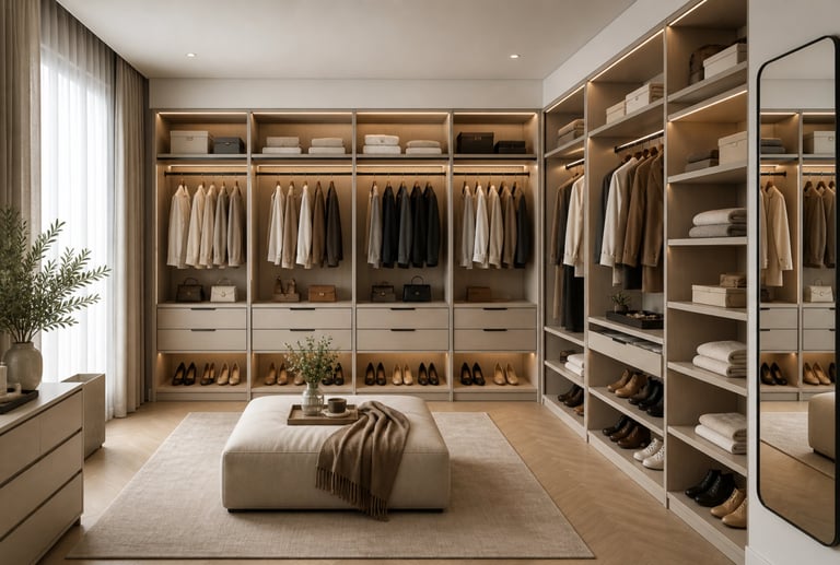 Luxury walk-in closet featuring custom shelving, integrated LED lighting, and a modern ottoman.