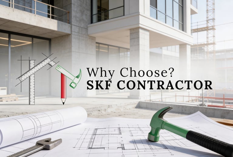 SKF Contractor construction blueprints with a hammer on a modern building site.