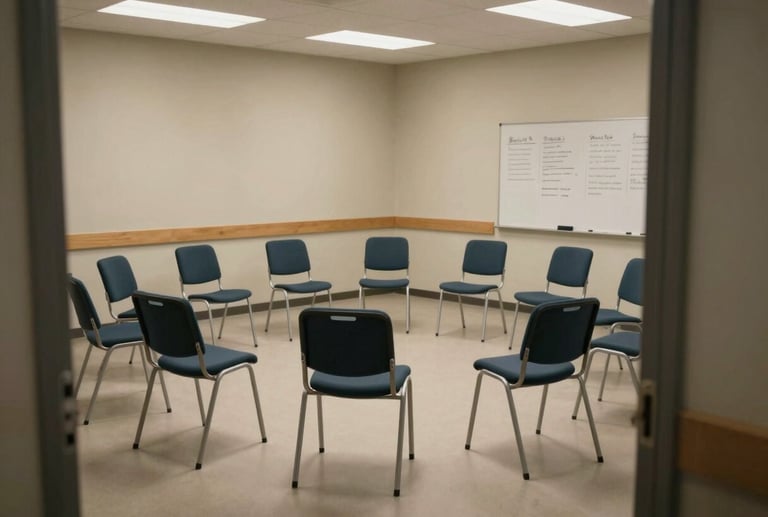 Wide environmental shot of an empty group therapy room from the doorway — institutional chairs arranged in a circle on a plain floor, soft overhead lighting, bare walls, a whiteboard with handwritten session notes partially visible in the background, no people present — quiet clinical presence