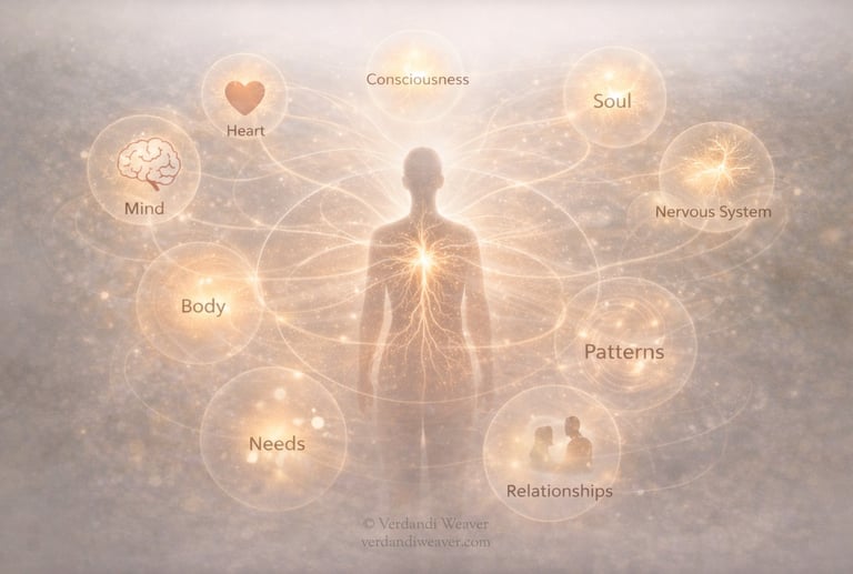 A human figure interconnected layers nervous system, body, mind, needs, patter, and relationships as