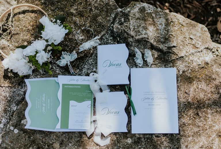 papeterie ondulée blanc et vert et bijoux floraux