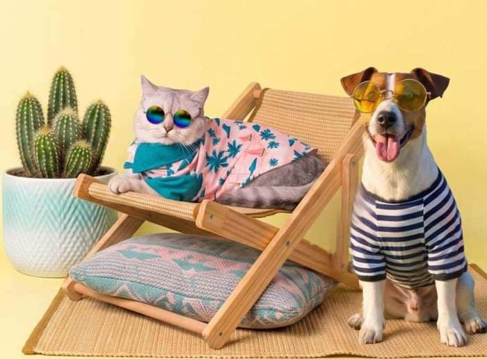 Un gato y un perro con gafas de sol y ropa de verano descansan junto a un cactus en sillas de playa 