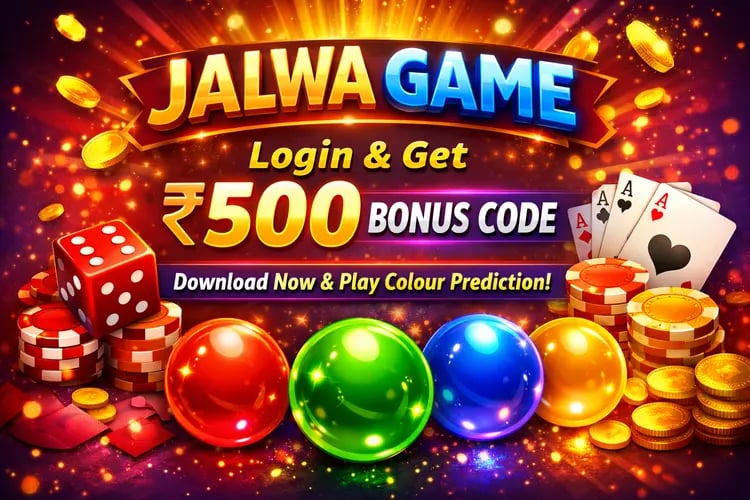 Jalwa Game promotion for online colour prediction with 500 bonus code, dice, and casino chips.