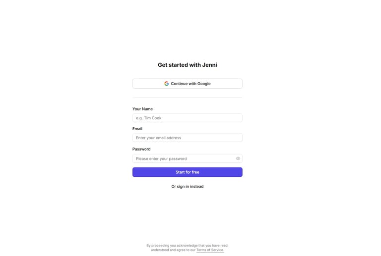 Jenni AI account registration page showing Google sign-up option, email registration form, and clean