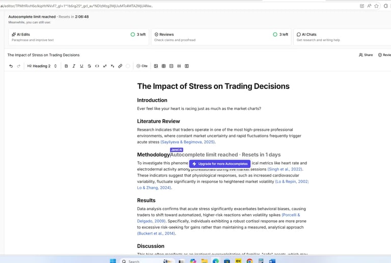 Jenni AI editor displaying a research paper on stress and trading decisions with citations, introduc