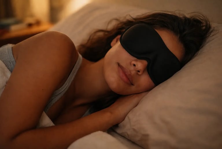 A woman sleeping comfortably in bed wearing a contoured black sleep mask for total darkness.