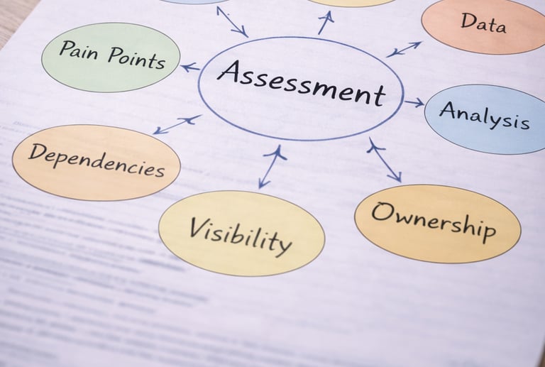 Assessment diagram showing pain points, constraints, dependencies, and root causes.