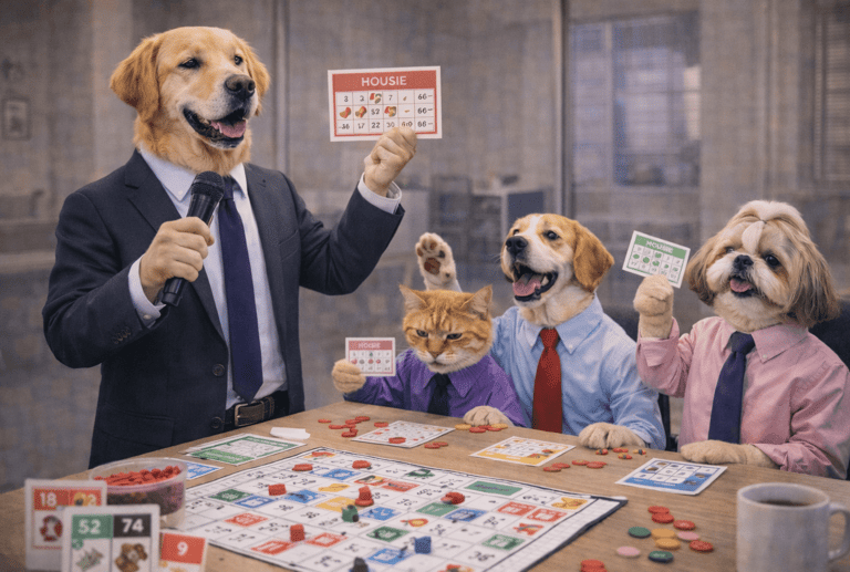 Dogs and a cat wearing suits playing a game of bingo and housie in an office.