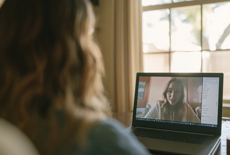 A woman participates in a remote video conference call on her laptop at home.