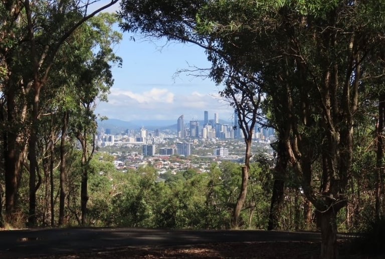 view of Brisbane city skyline from whites hill summit lookout