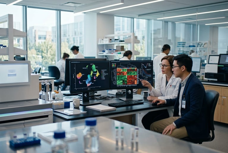 Academic research scientists analyzing data