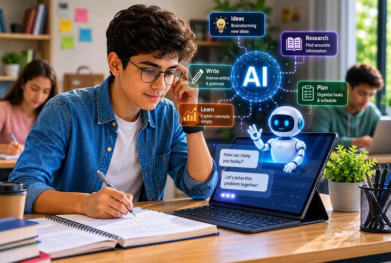 Student using AI assistant on a tablet for learning and research in a classroom