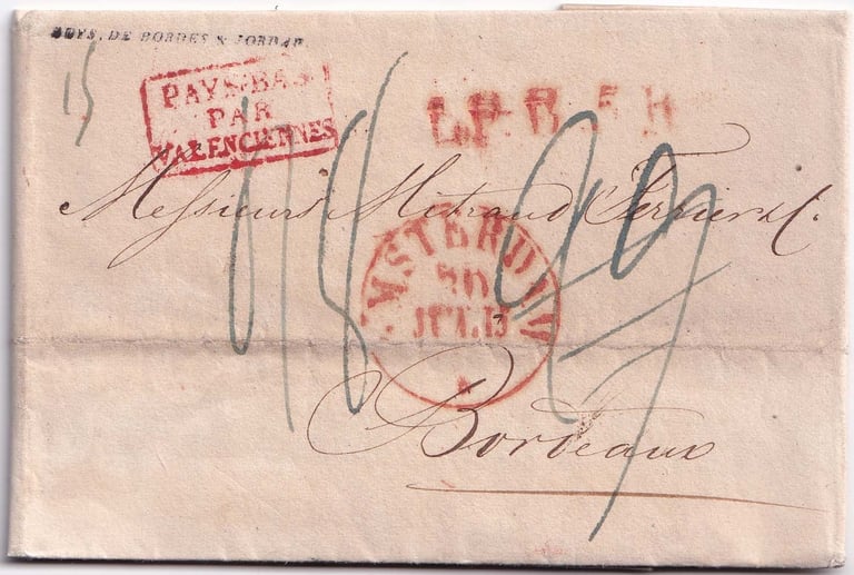 1829, Lettre en port dû d’AMSTERDAM pour BORDEAUX, d’un poids de 15 g.
