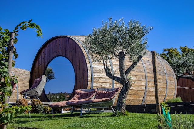 Biophilic outdoor wellness space at a luxury hotel showing nature-integrated design