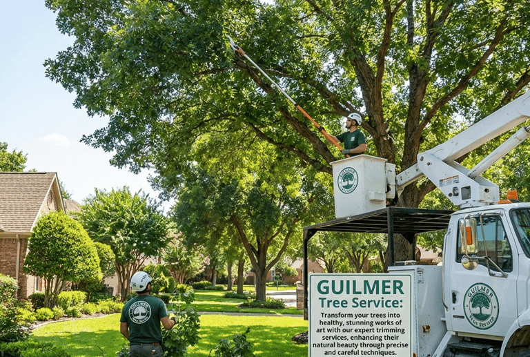 Arborist trimming high branches with rope and harness while crew clears pruned limbs.