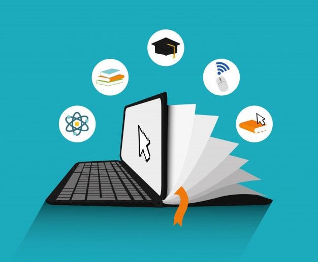 Ilustrasi e-learning dengan laptop yang berubah menjadi buku, melambangkan pendidikan digital dan pembelajaran online.