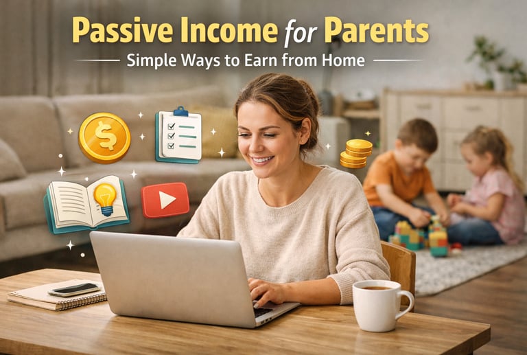 A smiling mother works on a laptop while her children play, exploring passive income for parents from home.