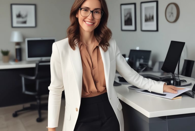 A friendly accountant working on financial documents in a bright office.