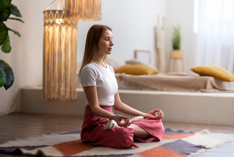 Pessoa meditando em casa com ambiente calmo