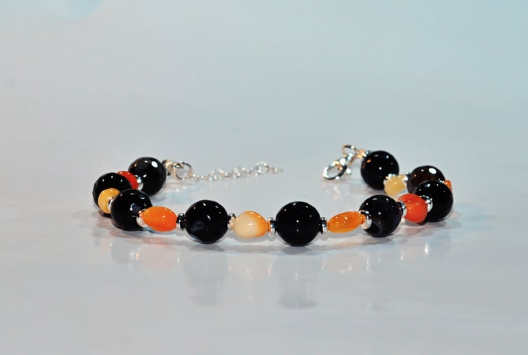bracelet with agate, onyx, and hematite elements, handmade, natural stones