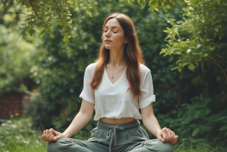 A woman sitting in the middle of a forest doing yoga