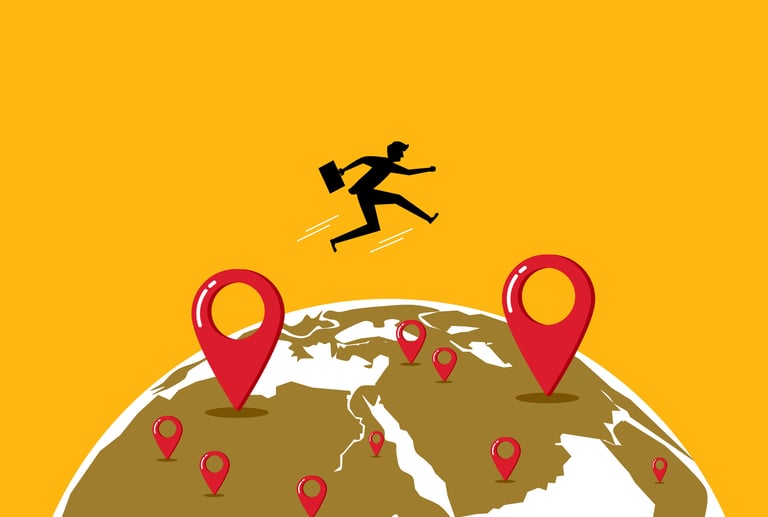 Businessman-Jumping-Between-Location-Pins-on-Globe