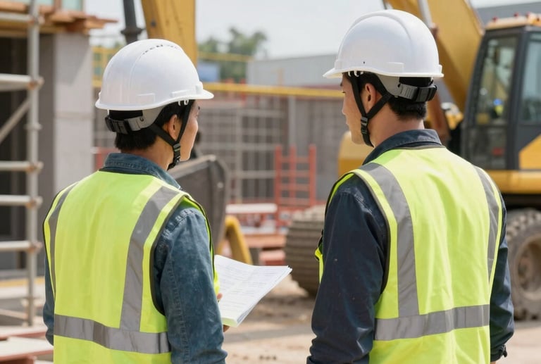 A project manager discussing with team members over a site plan at a construction project.