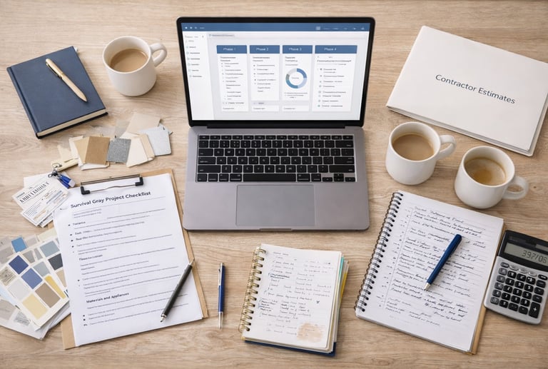 Organized Home Remodel Planning Desk with laptop and notes
