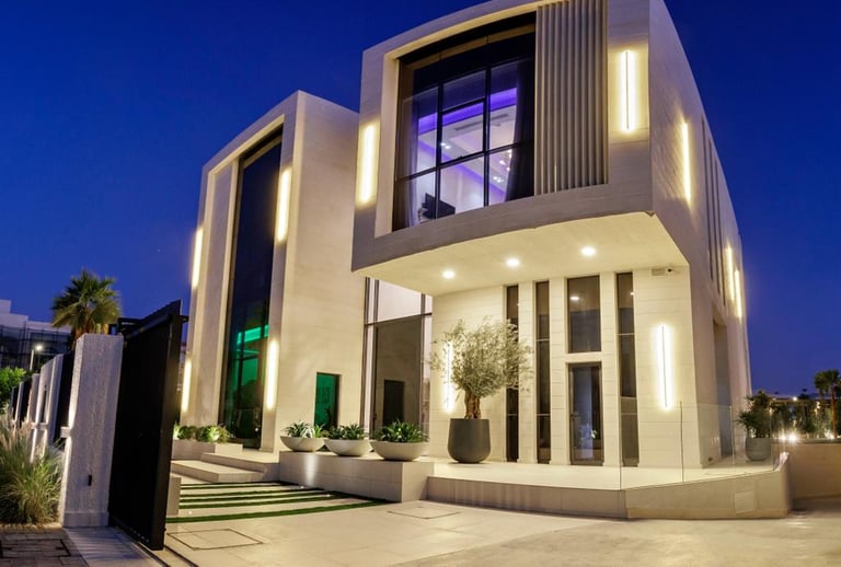 Modern luxury villa at dusk with geometric architecture and glowing lights.