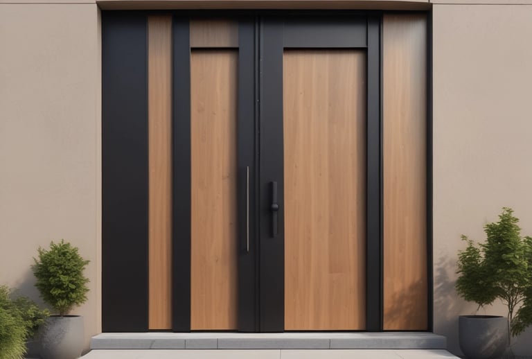 a modern front door with a wooden door and a planter