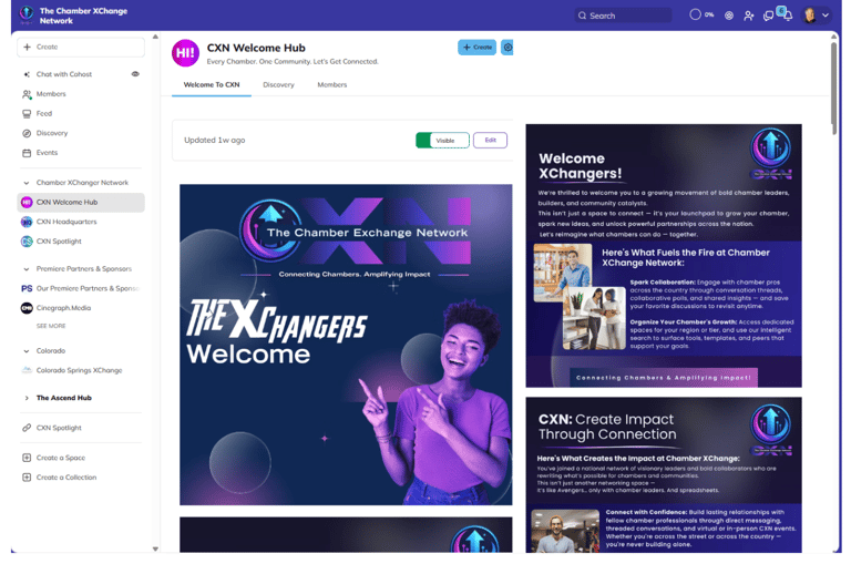 CXN welcome page with sidebar menu and messages inviting chamber leaders to join and connect.
