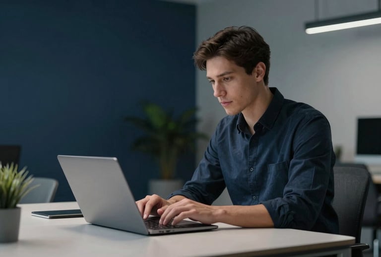 A professional in a sleek, tech-forward co-working space in North America, working on a minimalist laptop. The lighting is crisp and cool, emphasizing a dynamic, innovation-focused environment with deep navy and slate gray decor.
