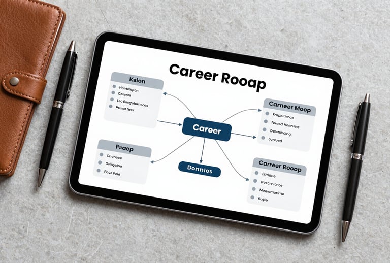 A top-down, clean photography shot of a sleek tablet displaying a career roadmap alongside a high-end pen and leather notebook on a light grey textured surface. The composition is modern and tech-inspired, reflecting professional planning and clarity.