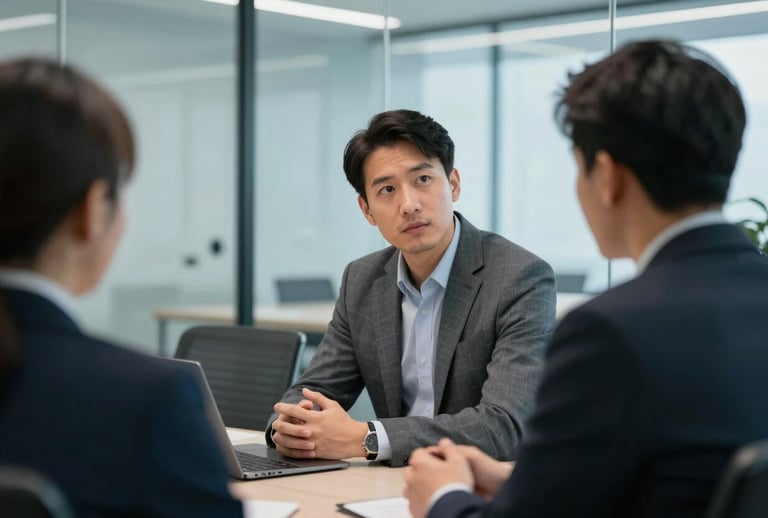A focused professional mentorship session in a modern North American glass-walled conference room. A mentor and mentee are engaged in a serious but encouraging conversation. The style is crisp and professional, using soft natural light and cool blue tones.